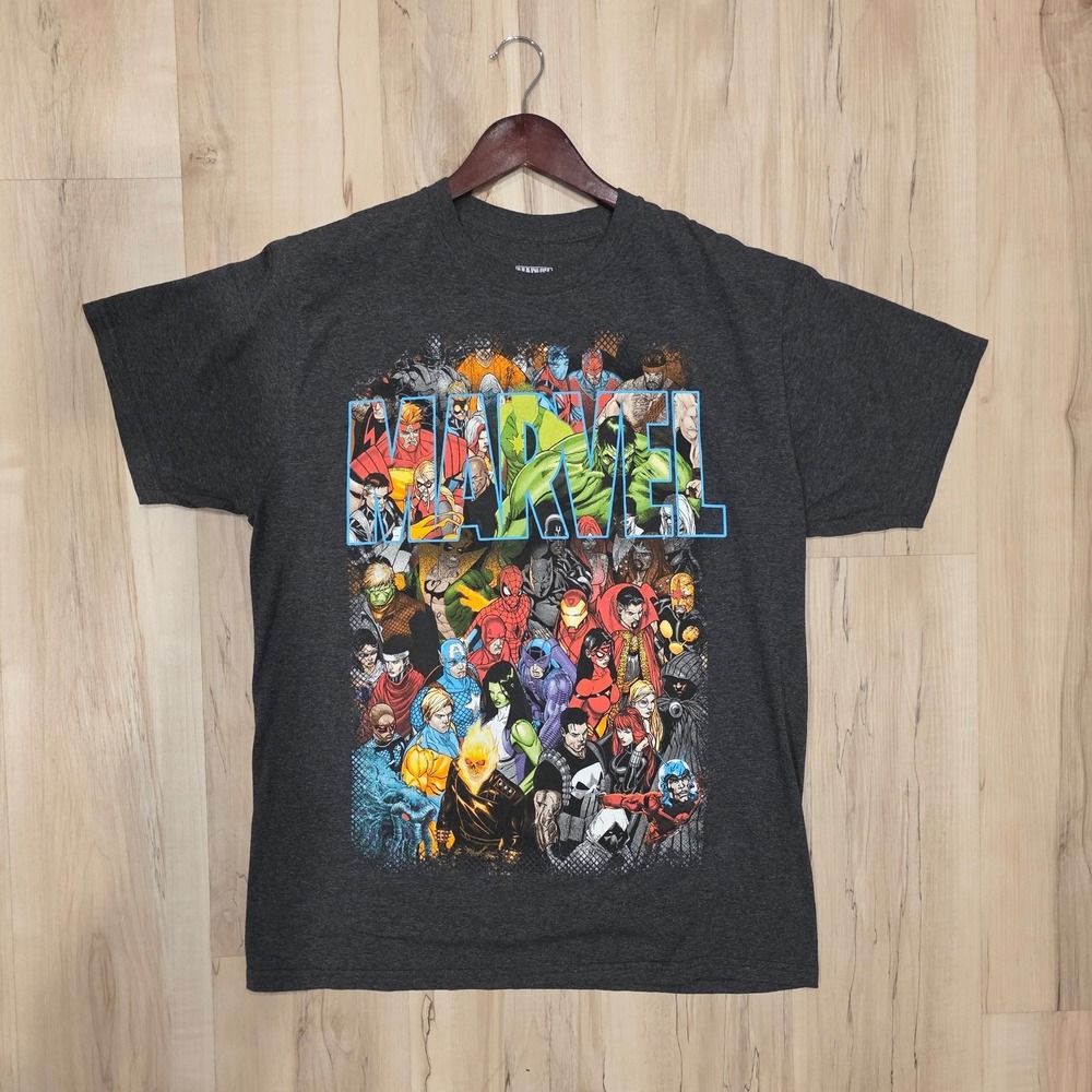 Marvel Comics Graphic T-Shirt Mens Charcoal Gray Character Collage Superhero Tee